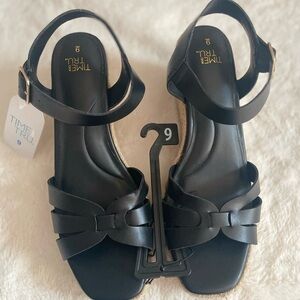 Time and Tru Black Espadrille Wedge Sandals Women's New